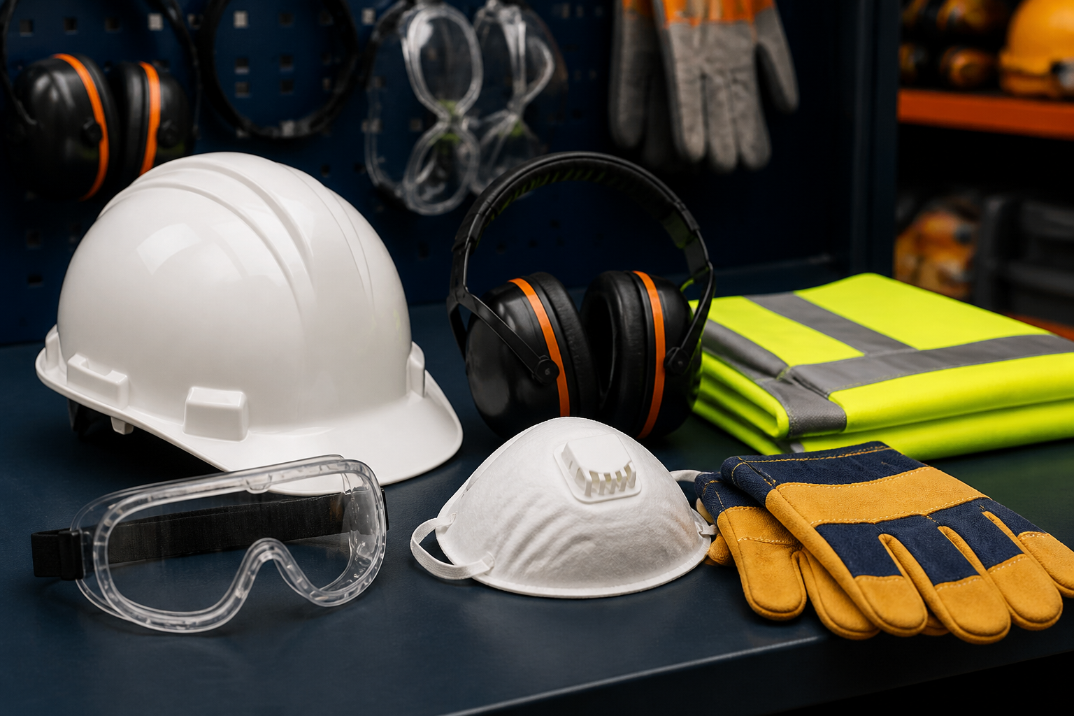 Capacete, luvas, óculos e equipamentos de proteção individual